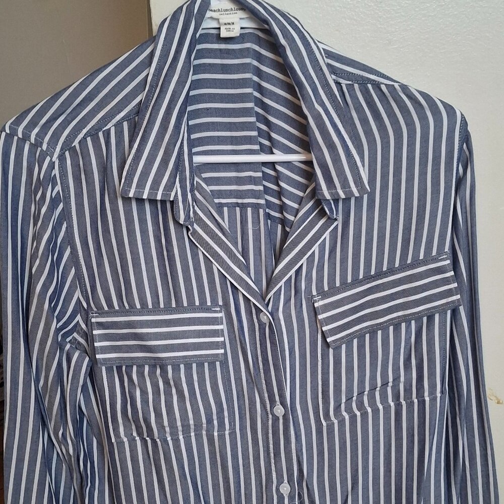 Beach Lunch Lounge Women's Blue Stripe Cotton Blend Button-Up